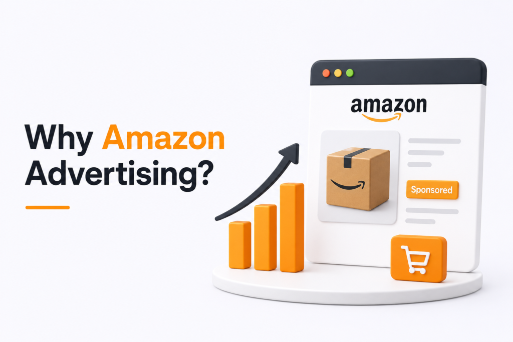 Minimal Amazon advertising banner with product showcase and sales growth elements.